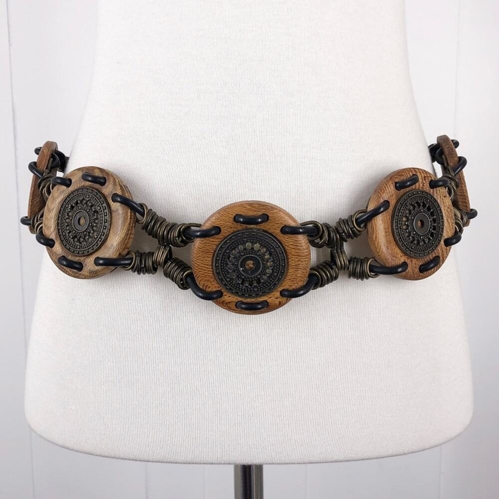 Concho Belt Boho Festival Wood Chain Mixed Media Womens Size Small Tan Brown